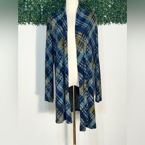 Susan Graver Printed Ribbed Sweater Knit Open Cardigan Women Size M Plaid Duster